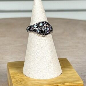 1990s Vintage Statement Silver Filigree Cluster Ring Aurora Borealis Size 6